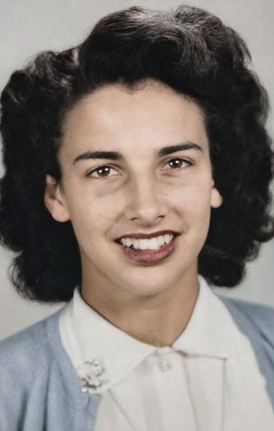 Restored and colorized with AI from the original, c. 1940s. Colours are a best guess. Portrait of a young woman — Nancy, or Aileane? (identification unsettled).