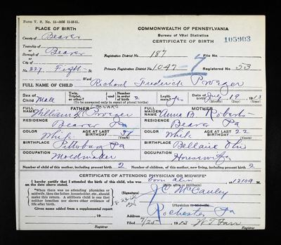 Richard Frederick Proeger, son of William L. Proeger and Anna B. Roberts — Pennsylvania birth certificate, 1913