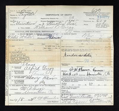 William C. Gregg (son of Alfred Gregg and Mary Kerr) — Pennsylvania death certificate, Uniontown 1923