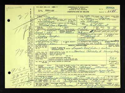 Gertrude (Proeger) Murfin, daughter of Julius Karl Proeger and Wilhelmina Kochendoerfer, Pennsylvania death certificate, 1956