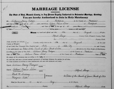 Page 203 of Utah, County Marriages, 1871-1941 (FamilySearch coll. 1803977) — Wasatch Co. Marriage License Record E, certificate 2915, 13 August 1940