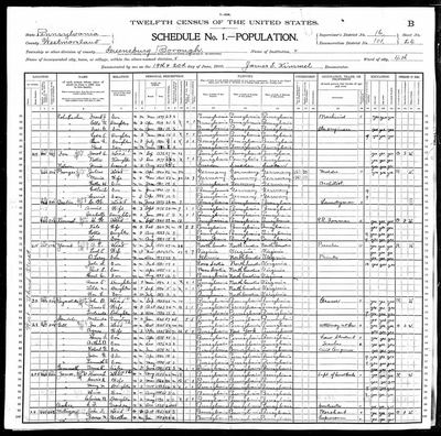 1900 U.S. Federal Census — Greensburg Borough Ward 4, Westmoreland County, Pennsylvania; ED 101, sheet 24 B, dwelling 461, family 502, 219 West Third Street, enumerated 19–20 June 1900 by James S. Kimmel (Ancestry coll. 7602, record 42748658; image 4115244_00814) · full resolution 3848 × 3810 px, DeepZoom level 12, 64/64 tiles — page sheet 24B, lines 60–64
