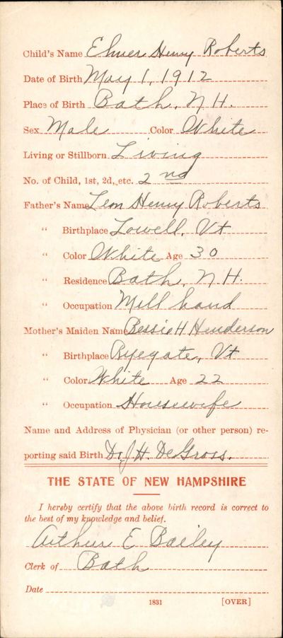 Elmer Henry Roberts (brother of Earl's step-grandfather Earl Theodore Roberts) — New Hampshire birth return, 1912