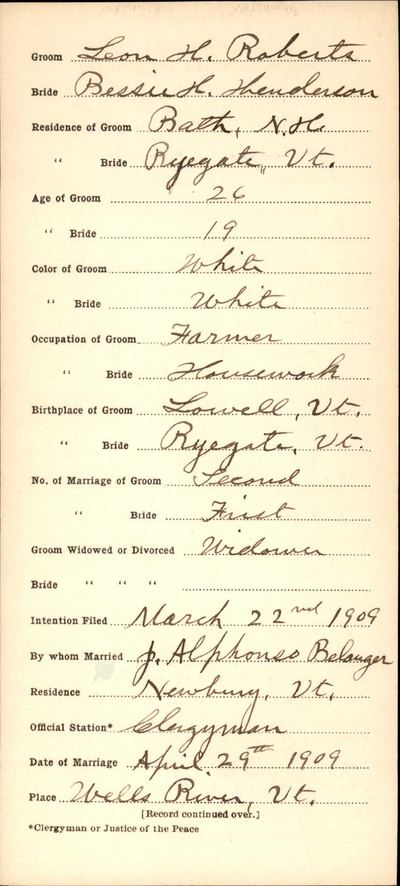 Leon H. Roberts × Bessie H. Henderson — marriage record card (NH Marriage Records 1700–1974), 1909