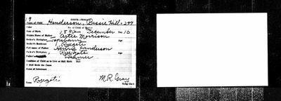 Bessie Hill Henderson (mother of Earl's step-grandfather Earl Theodore Roberts) — Vermont birth record, 1890