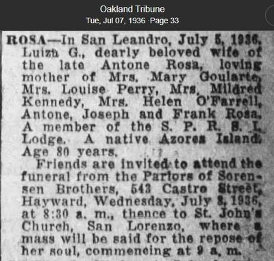 Death notice of Luiza G. Rosa, 7 Jul 1936, Oakland Tribune