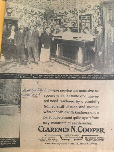 Coste's saloon, Mission San José — Frank Da Silva Jr (third from left), its speakeasy owner per family; c. 1920–1924 — newspaper clipping annotated 'Grandpa Silva / Mom's Dad', c. 1920–1924