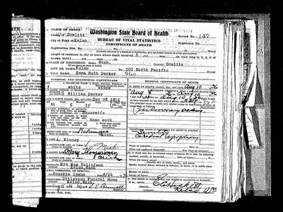 Emma Ruth Decker (daughter of A. Kinney and Mary Thompson) — Washington death certificate, Kelso 1936