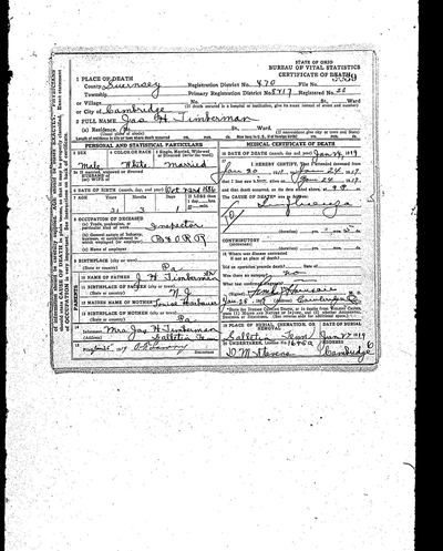 Ohio certificate of death, Guernsey County, registered no. 26 — Jas. H. Timberman, 24 January 1919