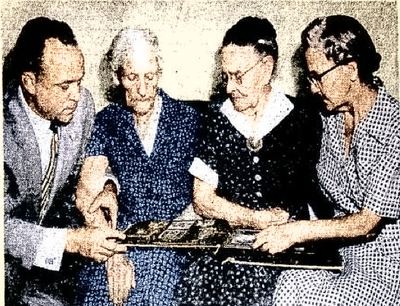 AI-restored; colour is a best guess — Alice Owens with Dr and Mrs R. E. Wearden and Maggie Wearden, 27 Apr 1954, San Antonio, Texas