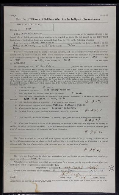 Confederate widow's pension application of Prissila Waldon, 31 Mar 1920, Kent County, Texas