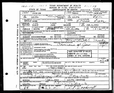 Nancy Jane (Higginbotham) Walker, mother of D. J. (Daniel Jonah) Walker, Texas death certificate, 1953