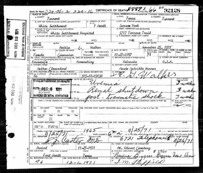 Texas certificate of death no. **92128**, form VS-112 — White Settlement Hospital, White Settlement, Tarrant County, Texas; filed with the local registrar 1 Dec 1971 (file 96) and received by the Bureau of Vital Statistics 18 Dec 1971 (Ancestry coll. 2272, record 1216570; image 33154_b062847-00961) · full resolution 2811 × 2390 px, DeepZoom level 12, 30/30 tiles — page certificate no. 92128