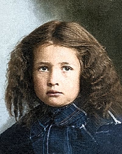 Restored and colorized (AI-assisted) — Maude Melville Warner as a child, Nebraska