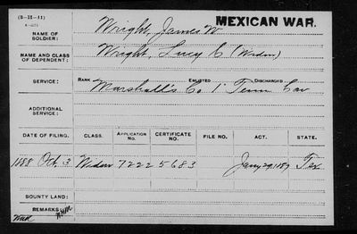 Mexican War widow's pension of Lucy C. Wright for James W. Wright, 1888, Texas