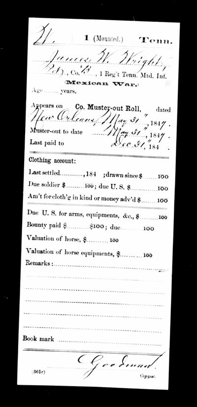 Mexican War muster-out card, James W. Wright, 31 May 1847, New Orleans