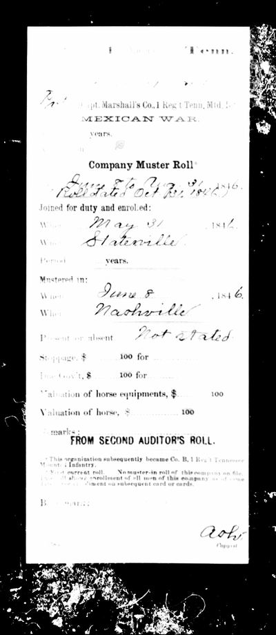 Mexican War muster roll, James W. Wright, 1846, Nashville, Tennessee